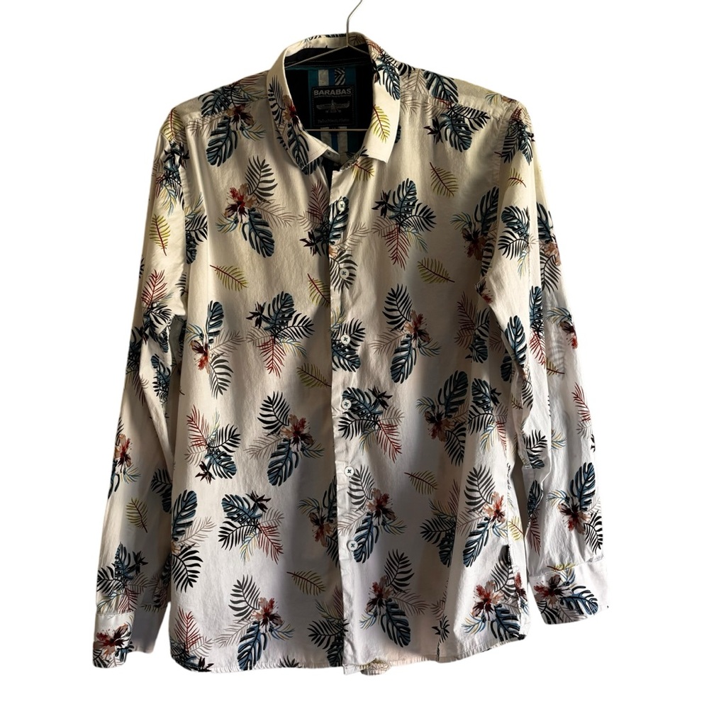 Barabas Shirt Mens Medium White with Leaf Pattern Button Down‎ Long Sleeve